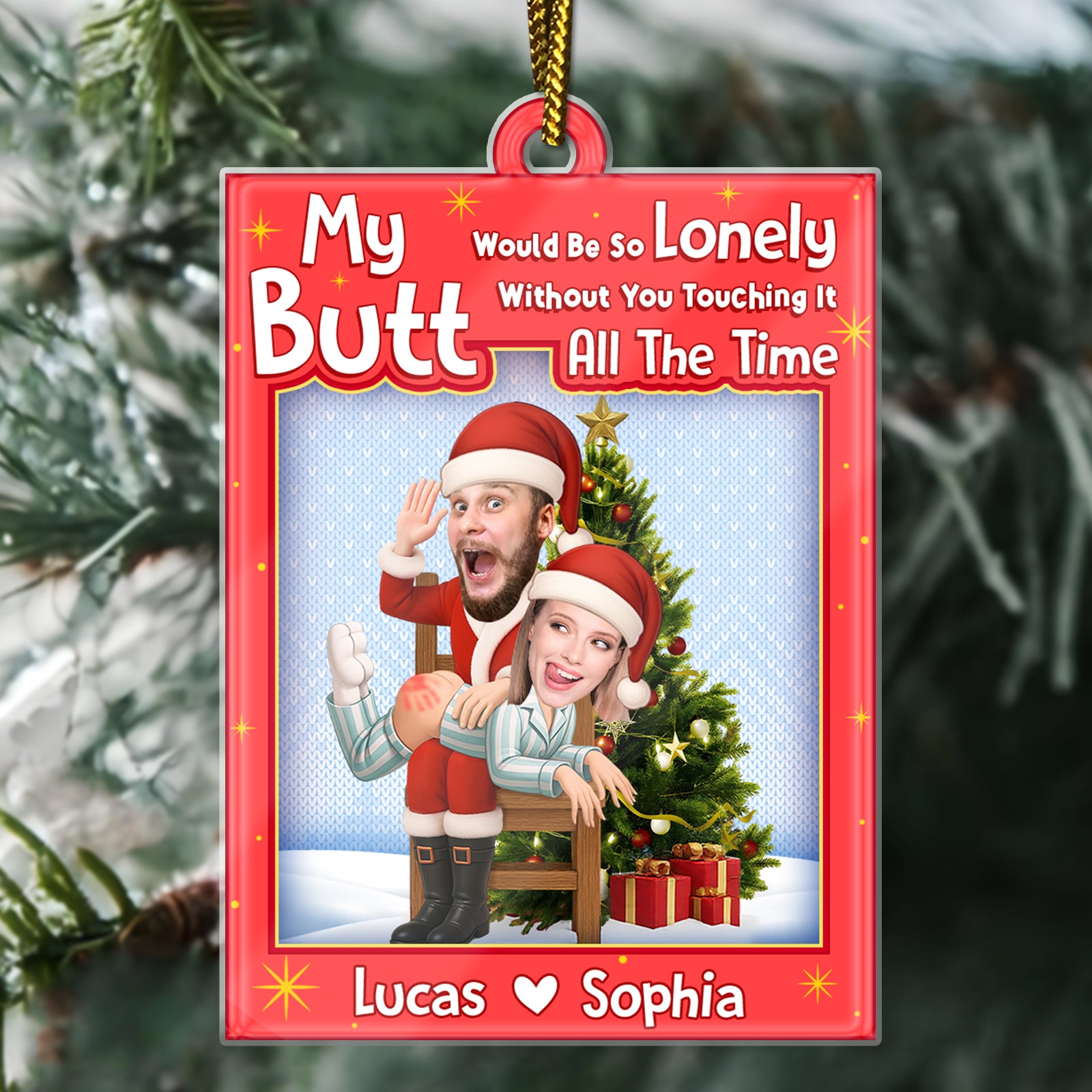Personalized Santa couple ornament featuring playful holiday design with custom names Lucas and Sophia