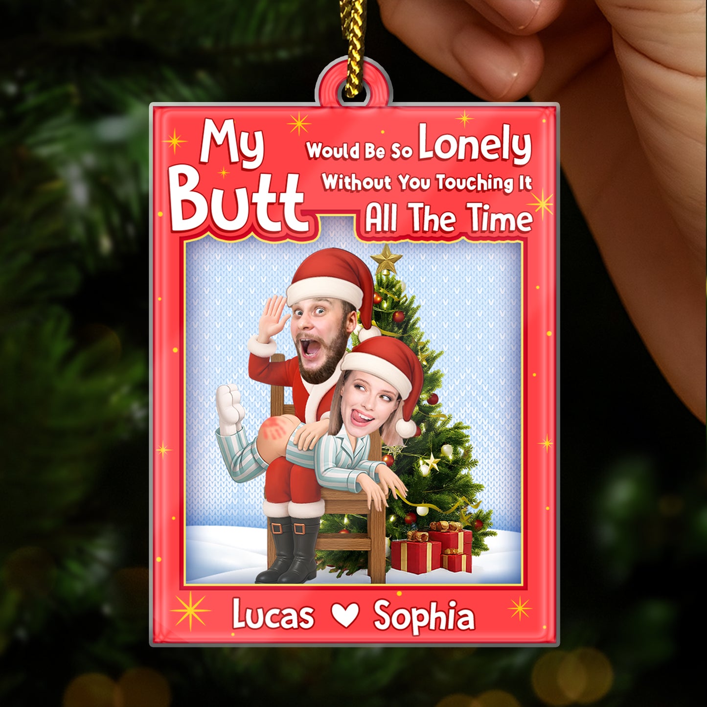 Personalized Santa couple ornament with playful message and customizable names for holiday decor
