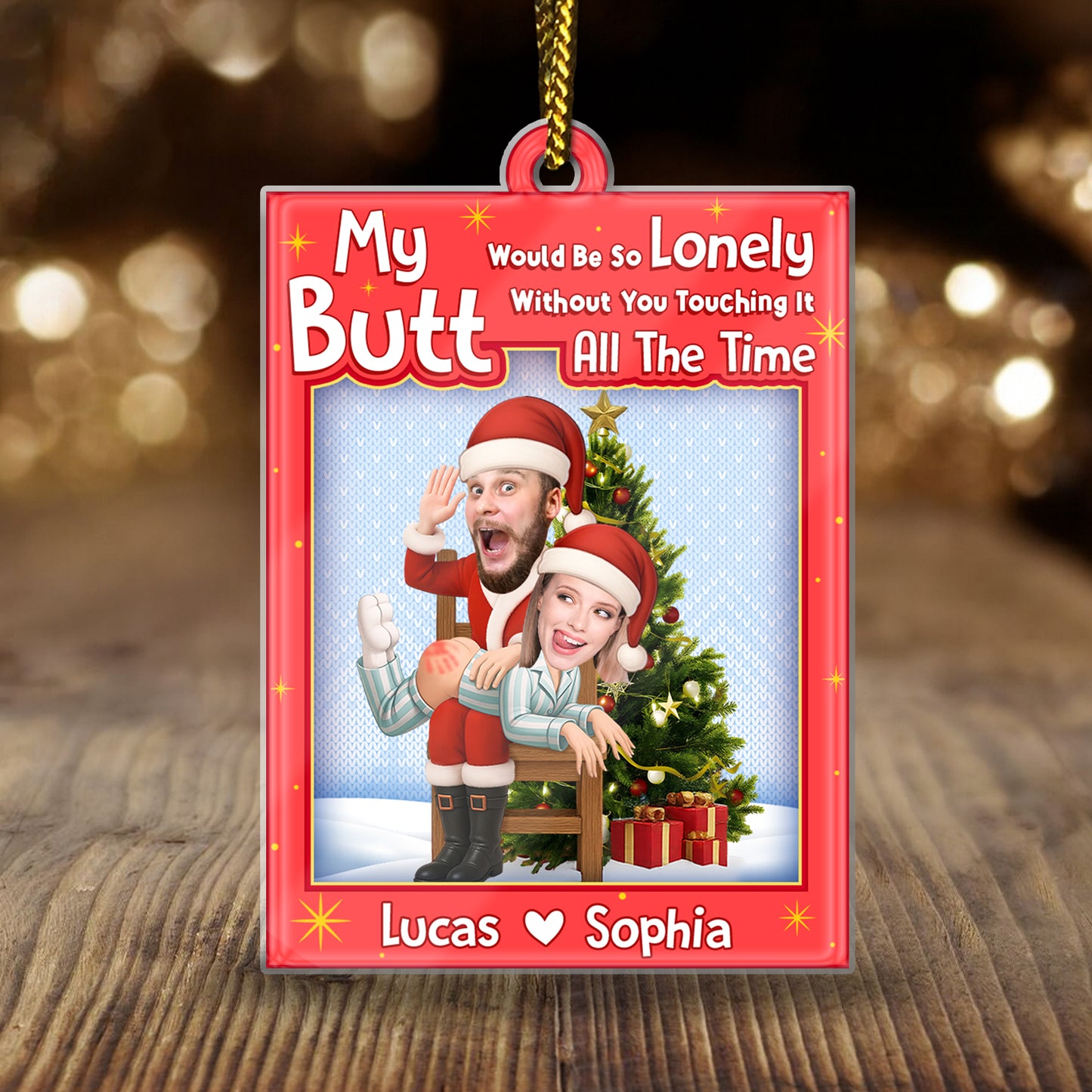 Personalized Santa couple ornament featuring playful design with festive colors and custom names Lucas and Sophia