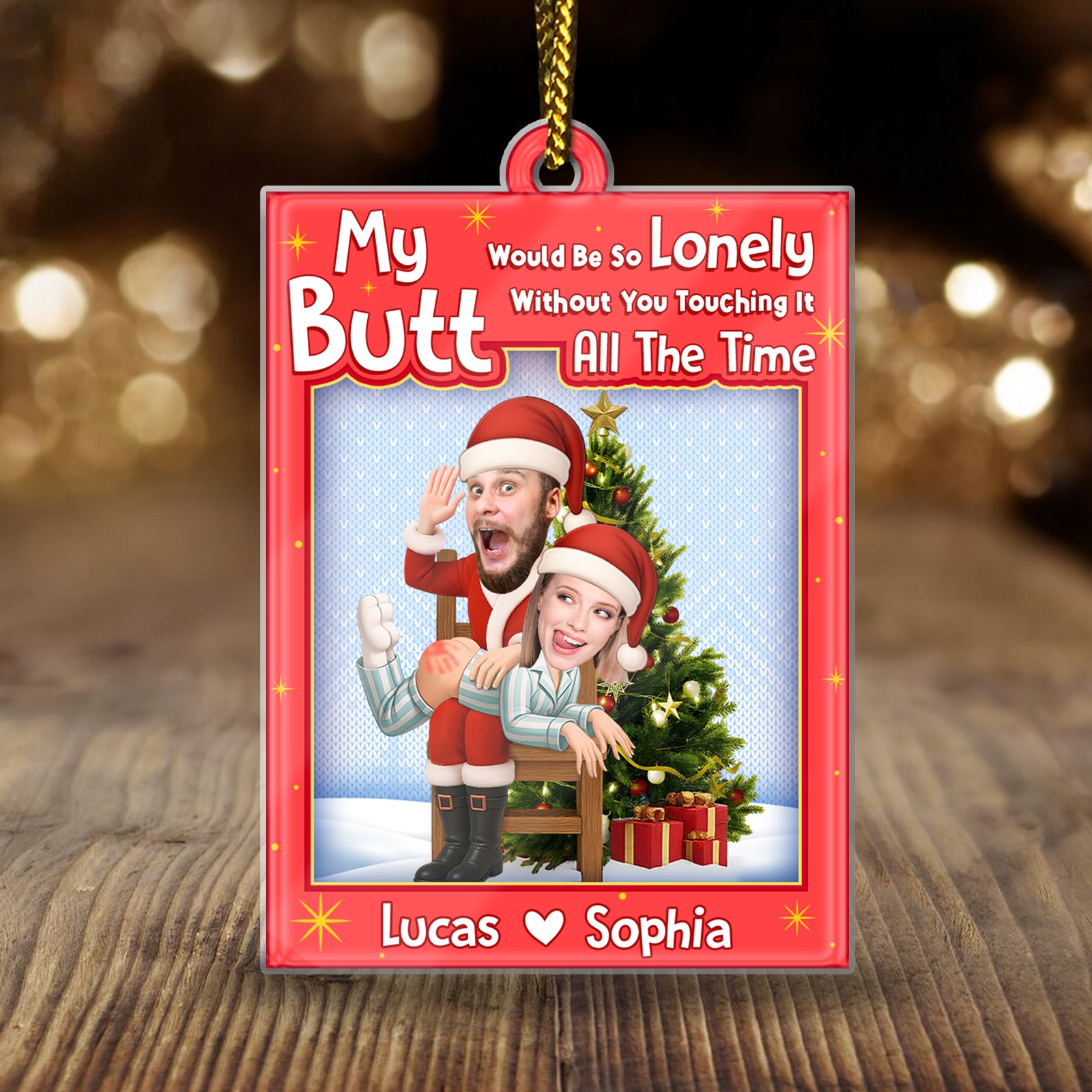 Personalized Santa couple ornament featuring playful design with festive colors and custom names Lucas and Sophia