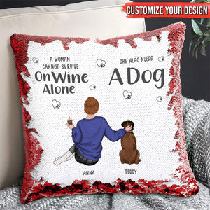 Personalized sequin pillow for pet lovers featuring a woman, dog, and customizable text design
