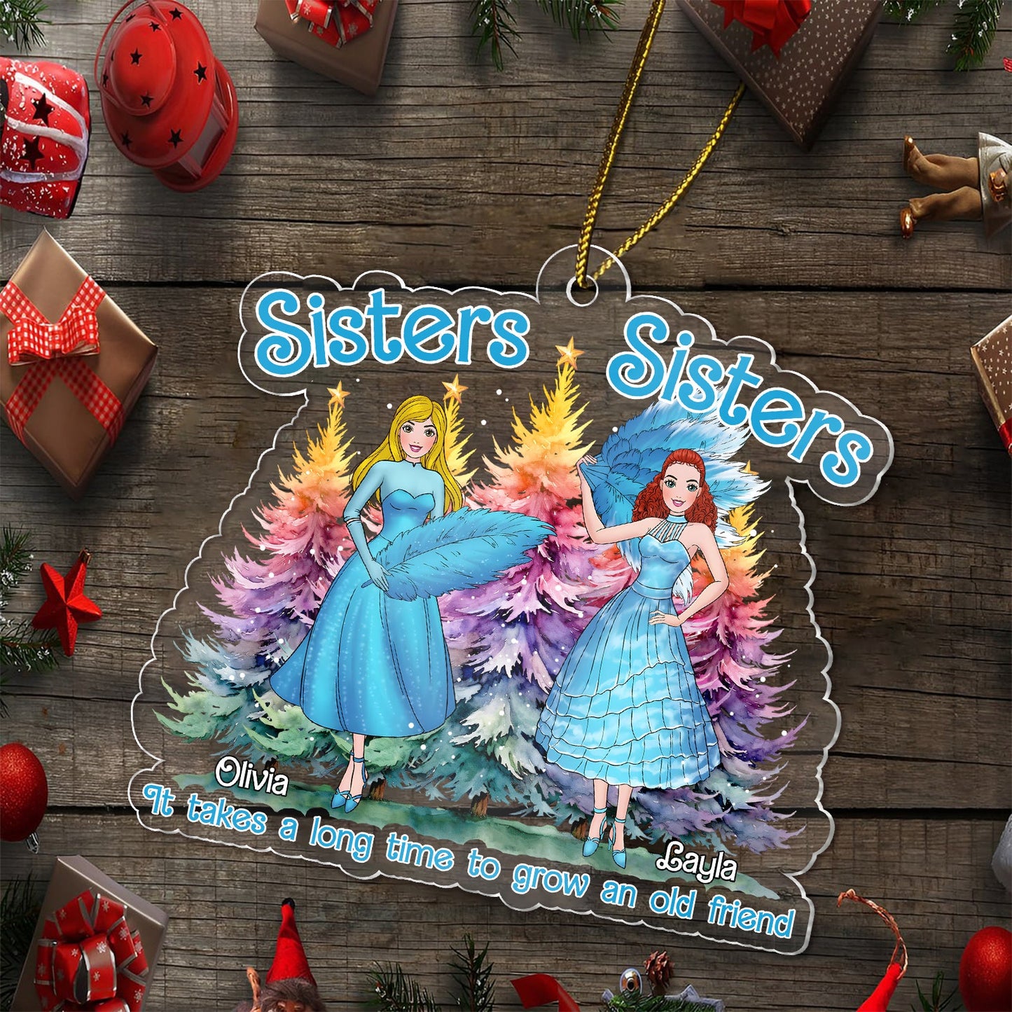 365Gifty personalized sisters Christmas ornament with two girls in blue dresses and colorful trees background