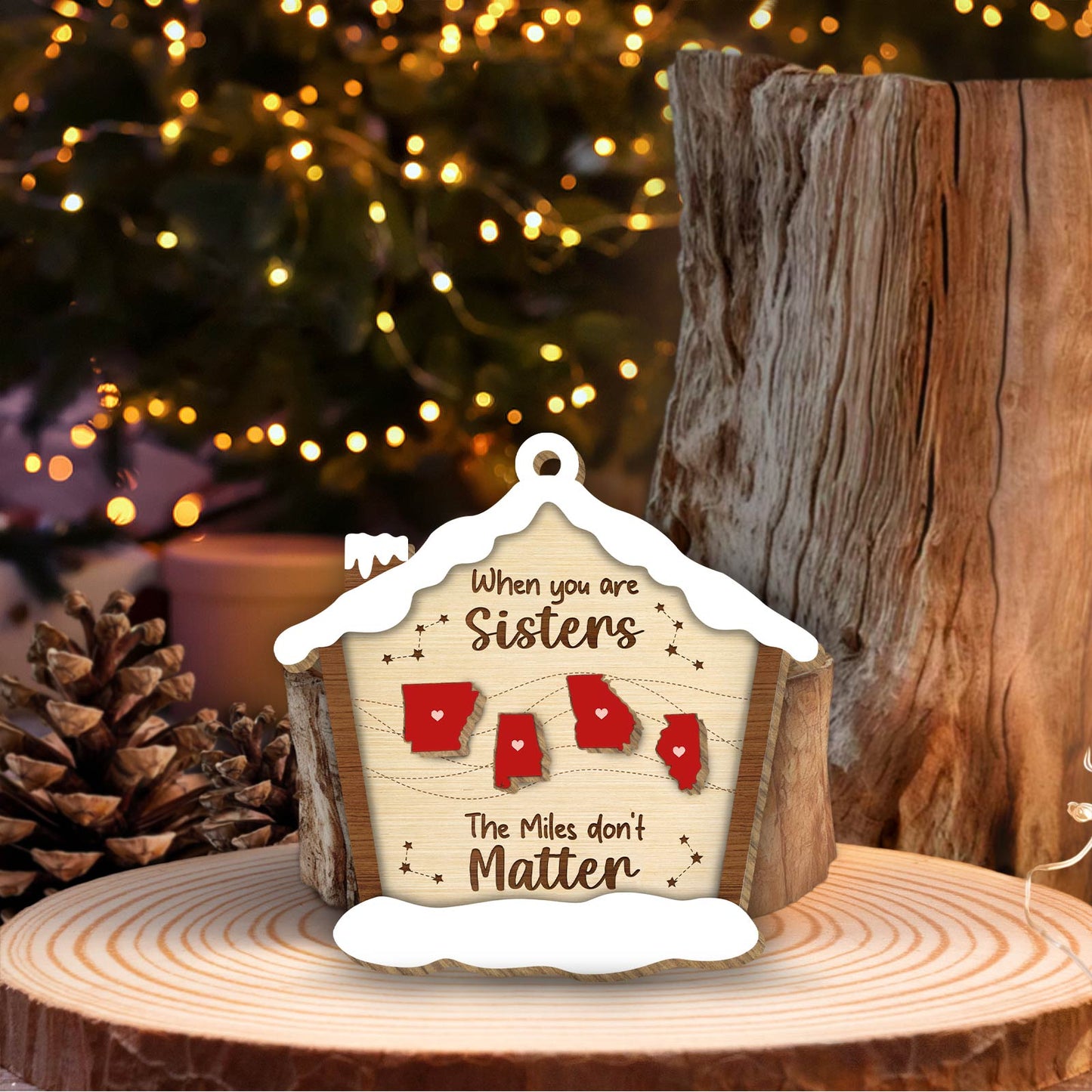 365Gifty personalized Christmas ornament with sister theme and state heart designs on wooden background