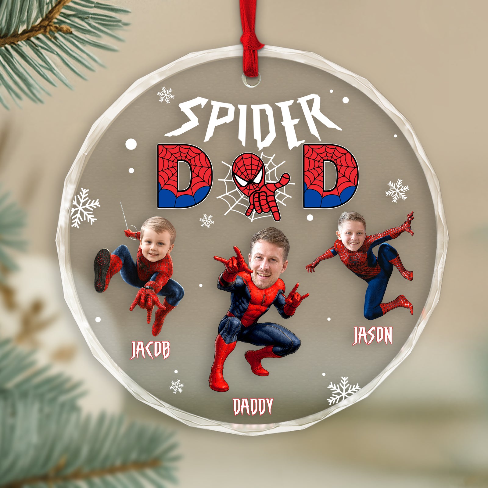 Personalized spider family ornament featuring three characters with names Jacob, Jason, and Daddy