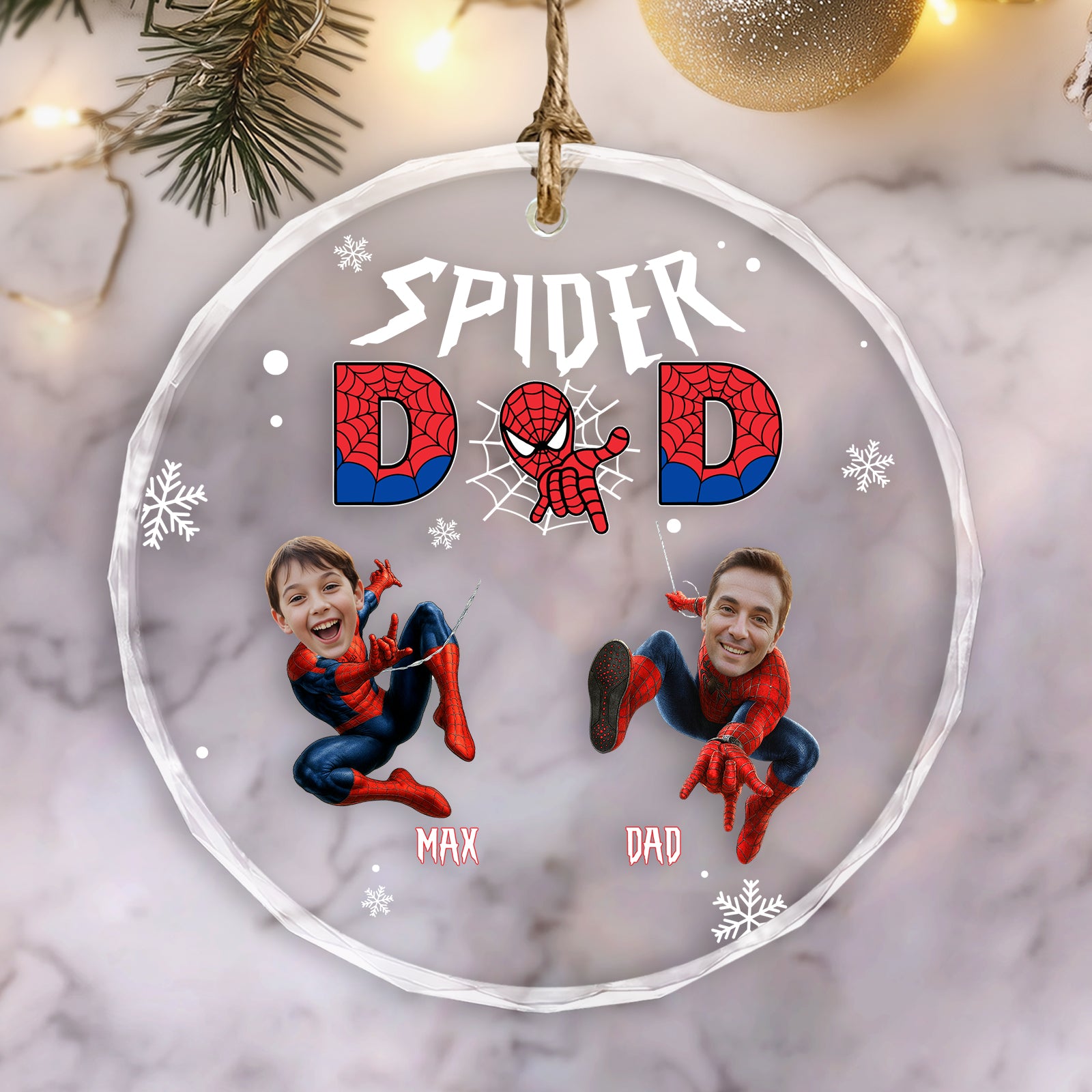 Personalized spider family ornament featuring custom images of a child and dad as Spider-Man