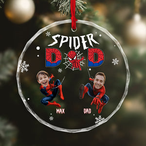 Personalized spider family ornament featuring custom photos of Max and Dad as Spider-Man
