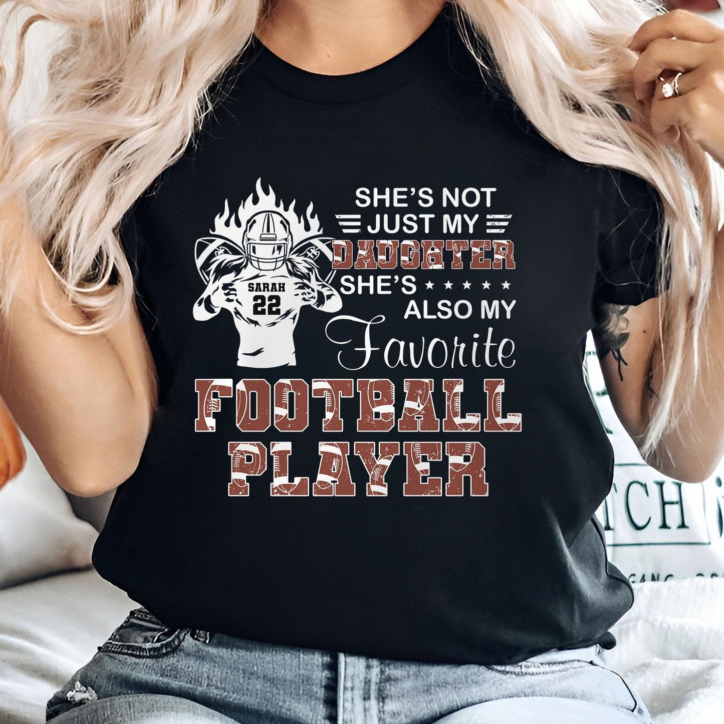 Personalized sports apparel gift black t-shirt with football player and daughter text design