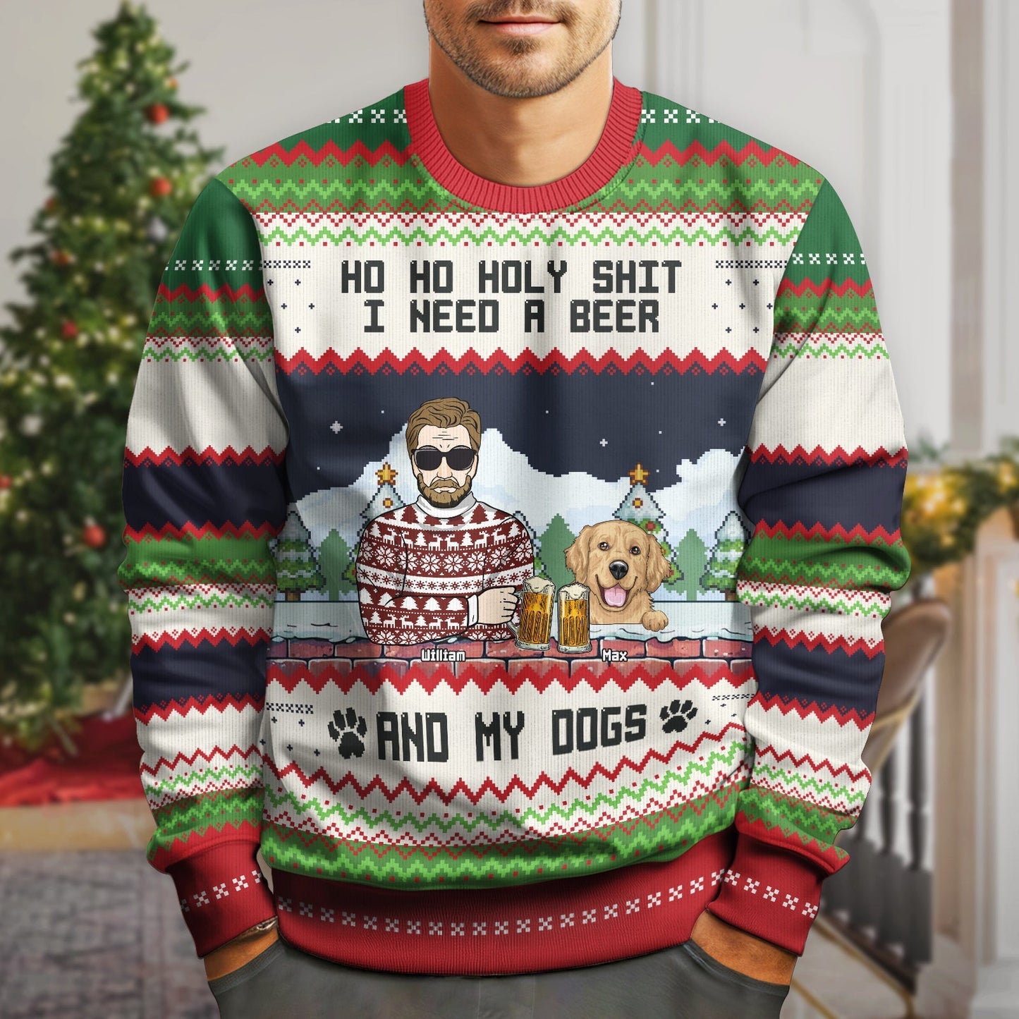 365Gifty personalized ugly Christmas sweater dog lover with humorous beer and dogs design in festive colors