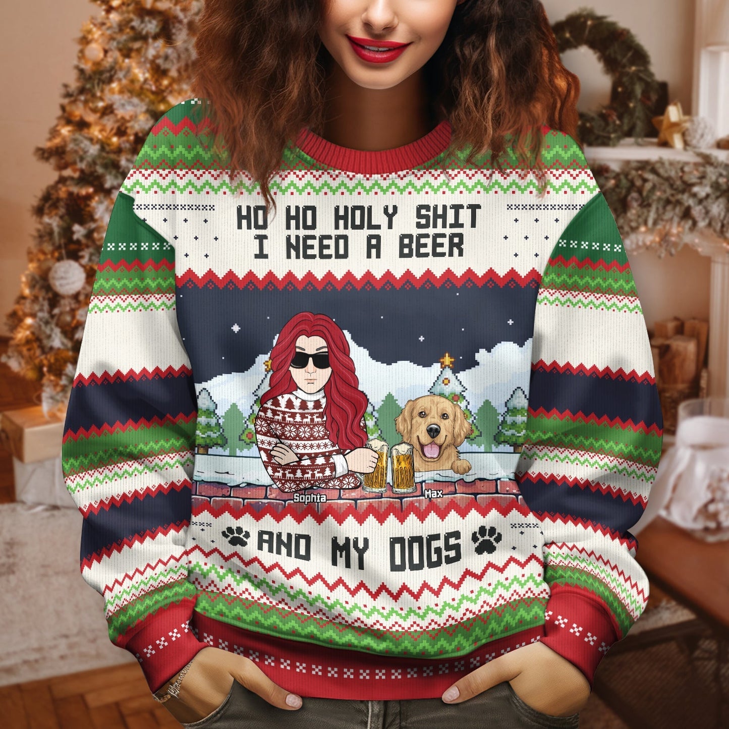 Personalized ugly Christmas sweater dog lover with funny holiday design and festive green red pattern