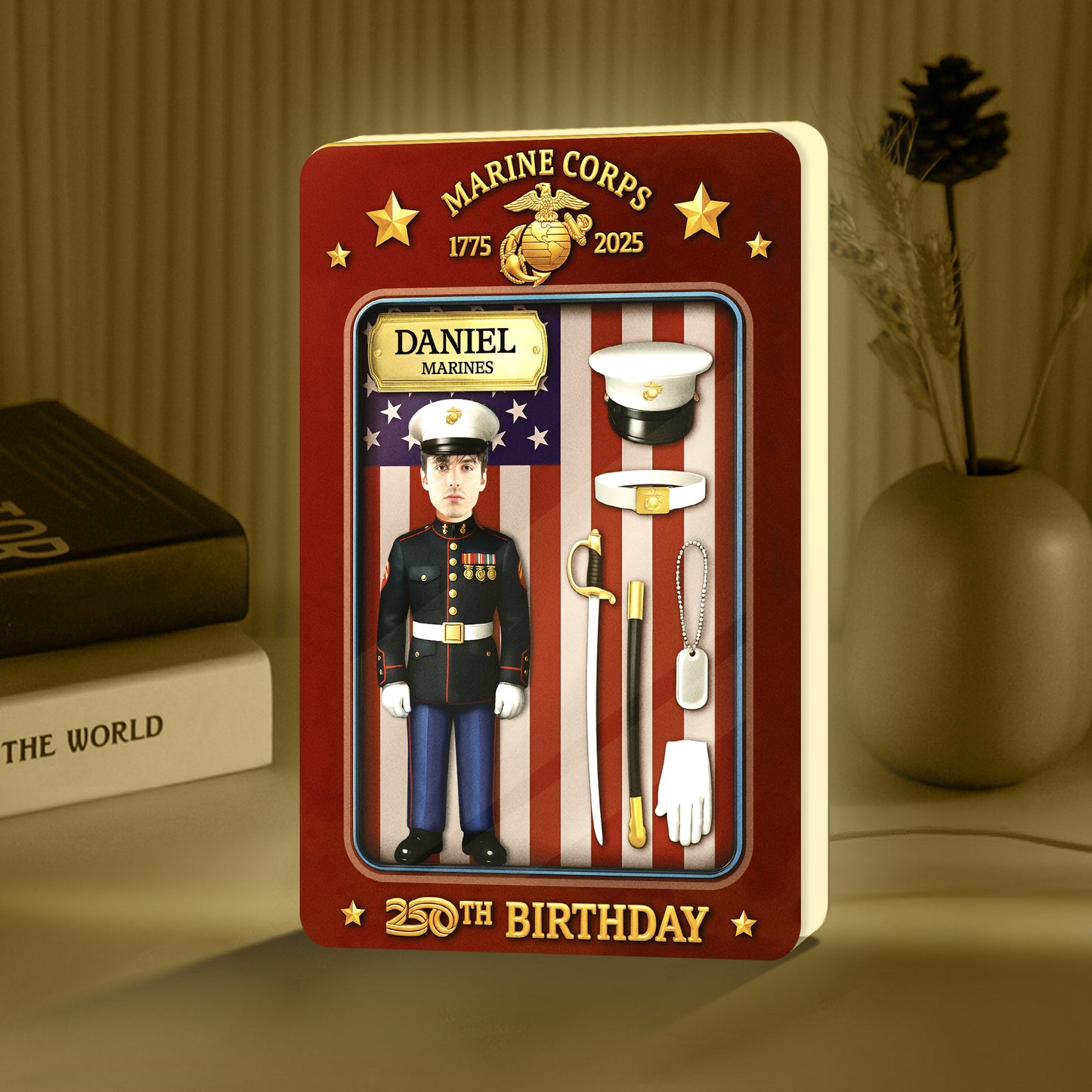 Personalized US Marine Corps gift featuring a soldier figure and patriotic decor for a 20th birthday
