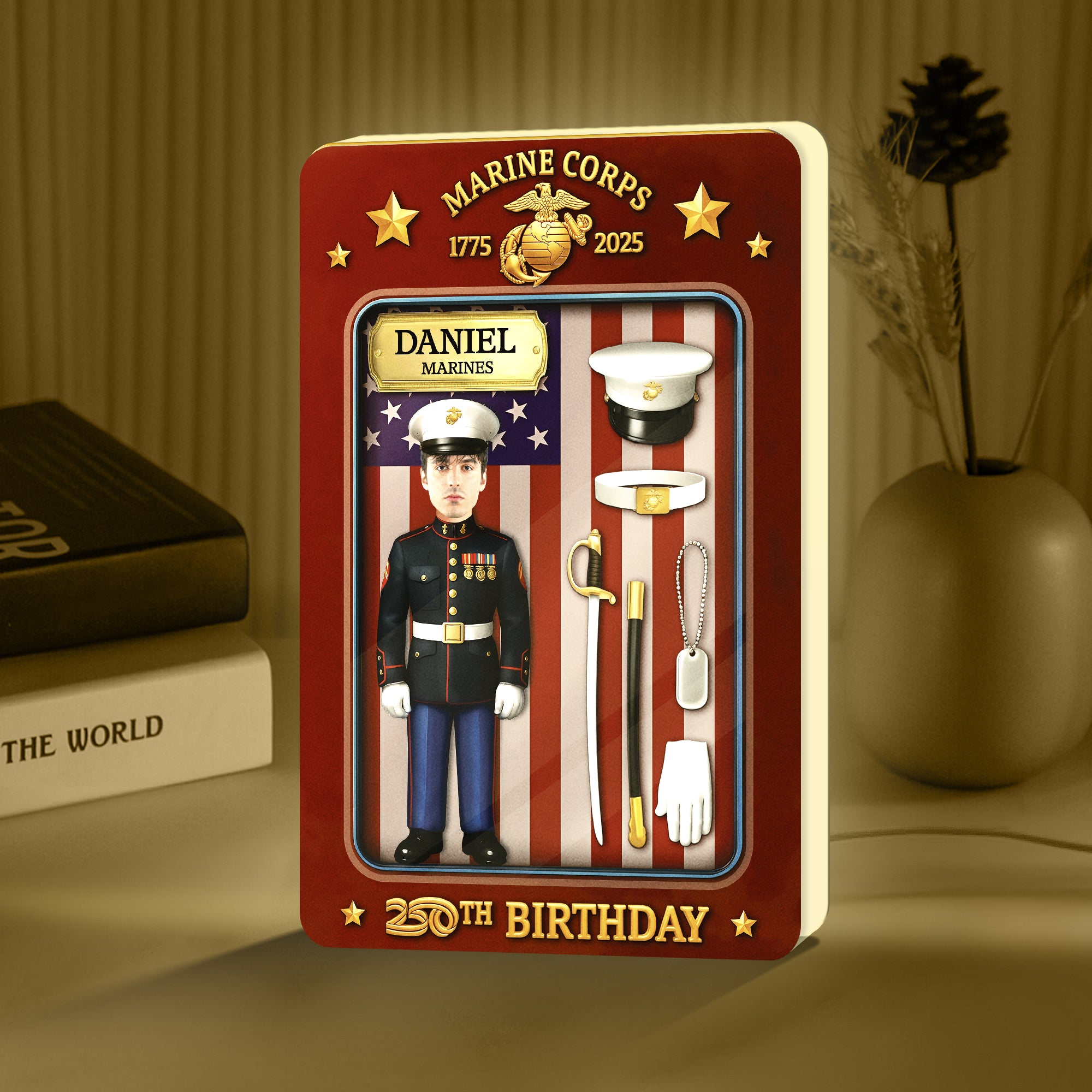 Personalized US Marine Corps gift featuring a soldier figure and patriotic decor for a 20th birthday