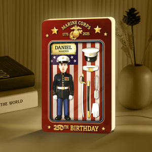 Personalized US Marine Corps gift featuring a soldier figure and patriotic decor for a 20th birthday
