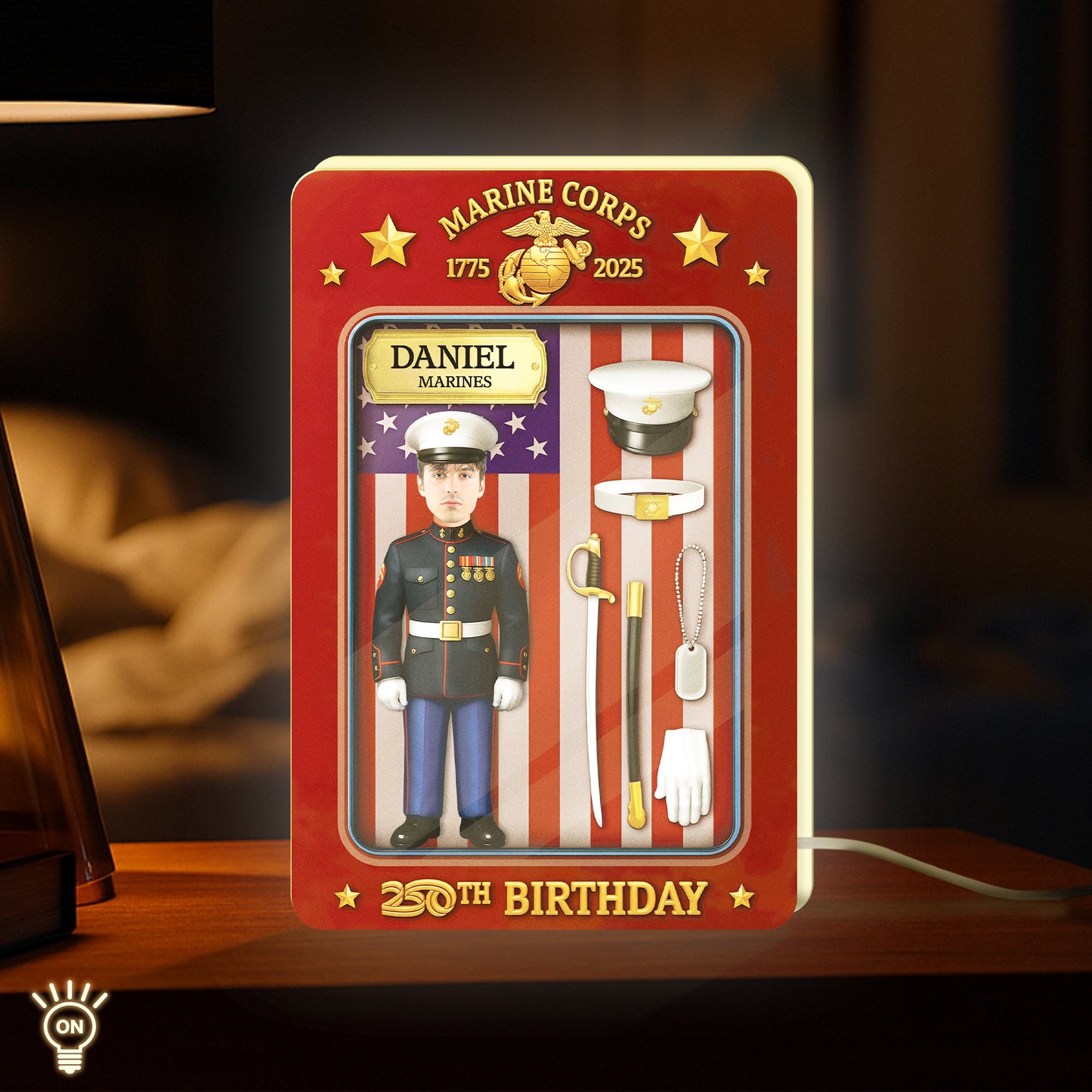 Personalized US Marine Corps gift with a custom figurine and accents for a 20th birthday celebration