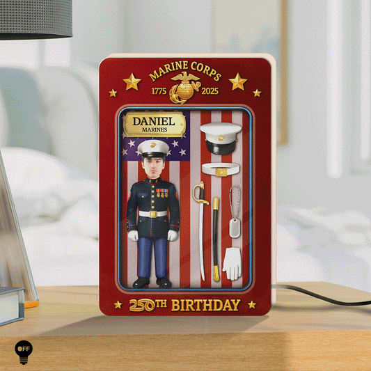 Personalized US Marine Corps gift featuring a custom figure and accessories for a special birthday celebration
