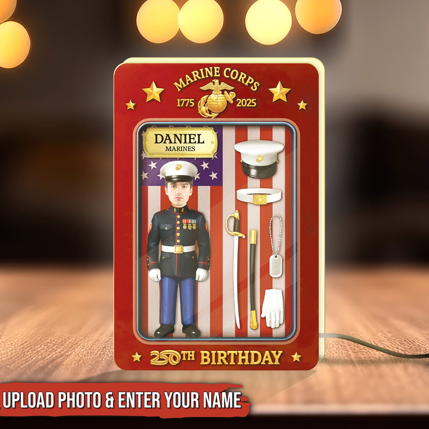 Personalized US Marine Corps gift featuring a custom figurine and patriotic background for a special birthday