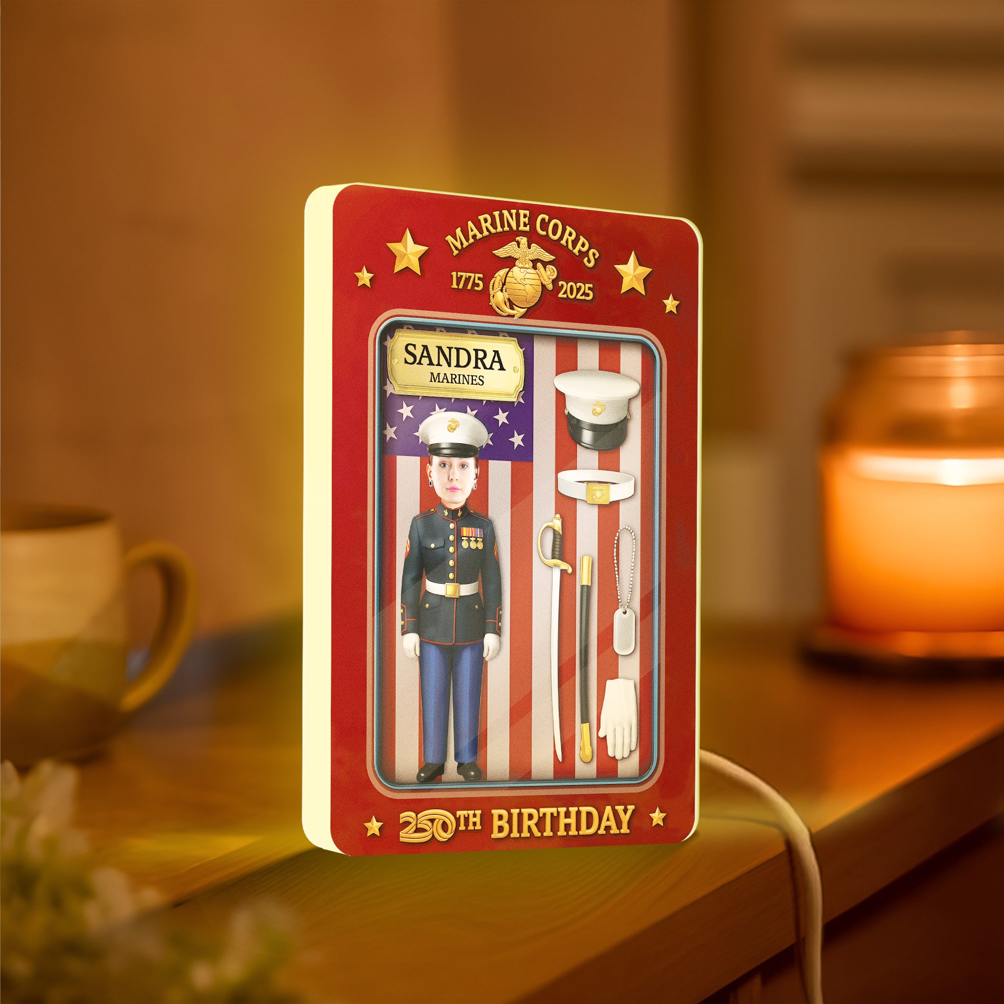 Personalized US Marine Corps gift featuring a birthday design with soldier figurine and patriotic colors