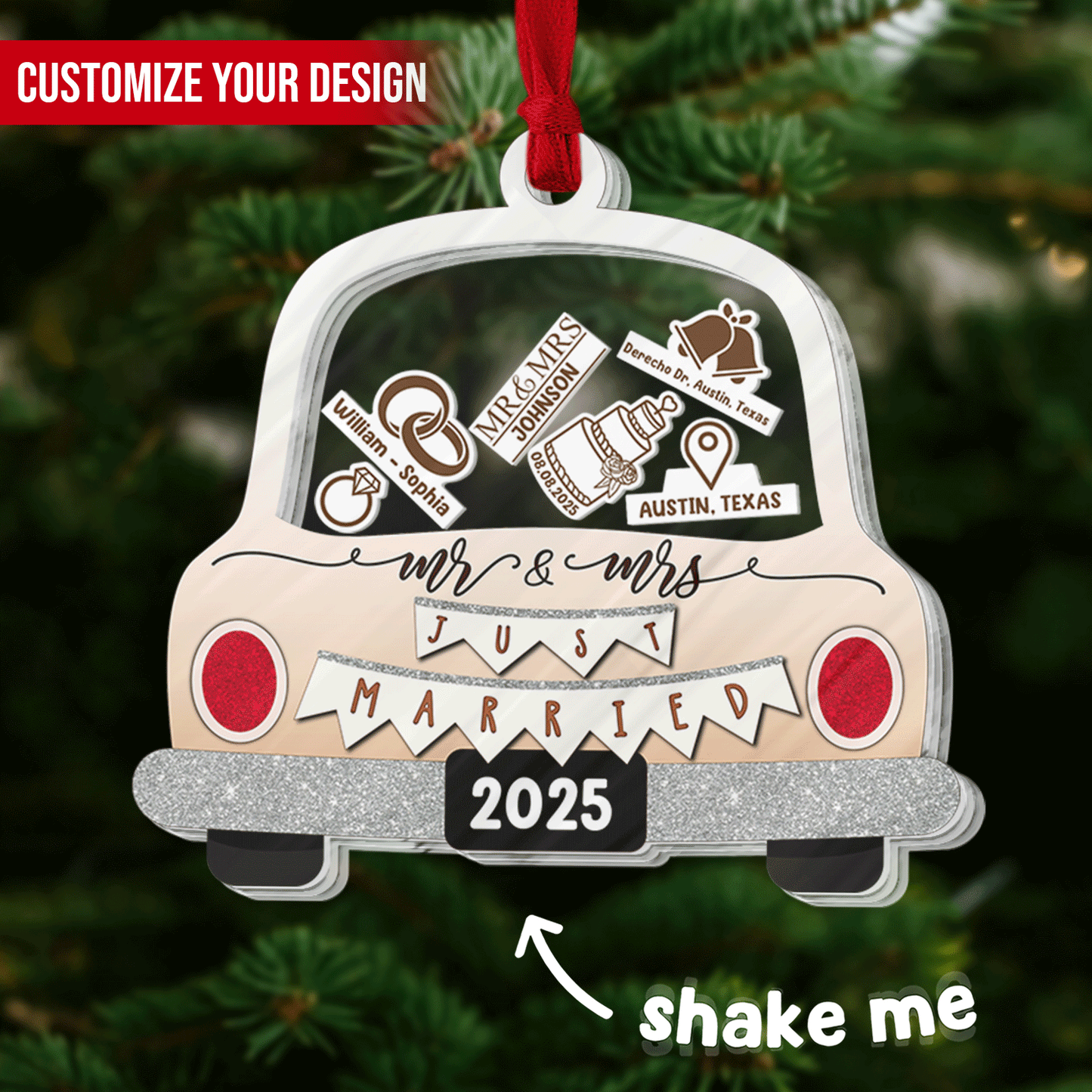 Personalized wedding car ornament featuring Mr and Mrs Just Married design and customizable elements