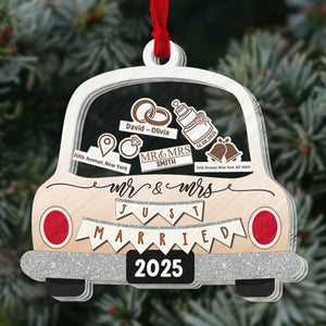 Personalized wedding car ornament featuring Mr and Mrs design with customizable details for newlyweds