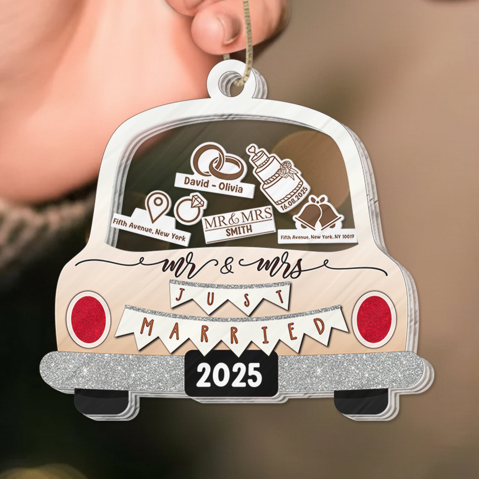Personalized wedding car ornament featuring names, date, and wedding icons for newlyweds