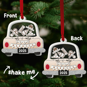 Personalized wedding car ornament featuring Mr and Mrs text and 2025 for newlyweds