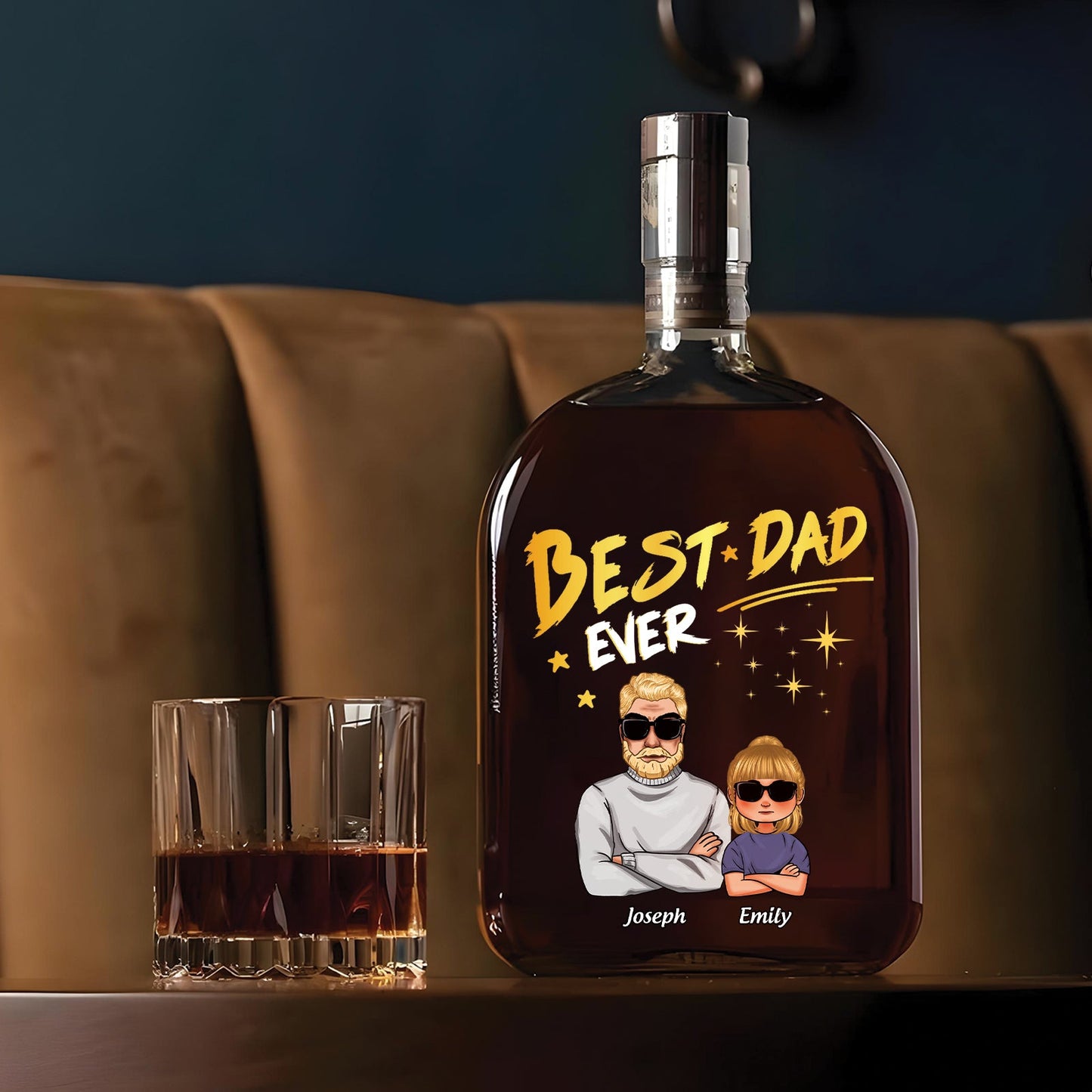 Personalized whiskey bottle gift featuring the text Best Dad Ever and custom names Joseph and Emily