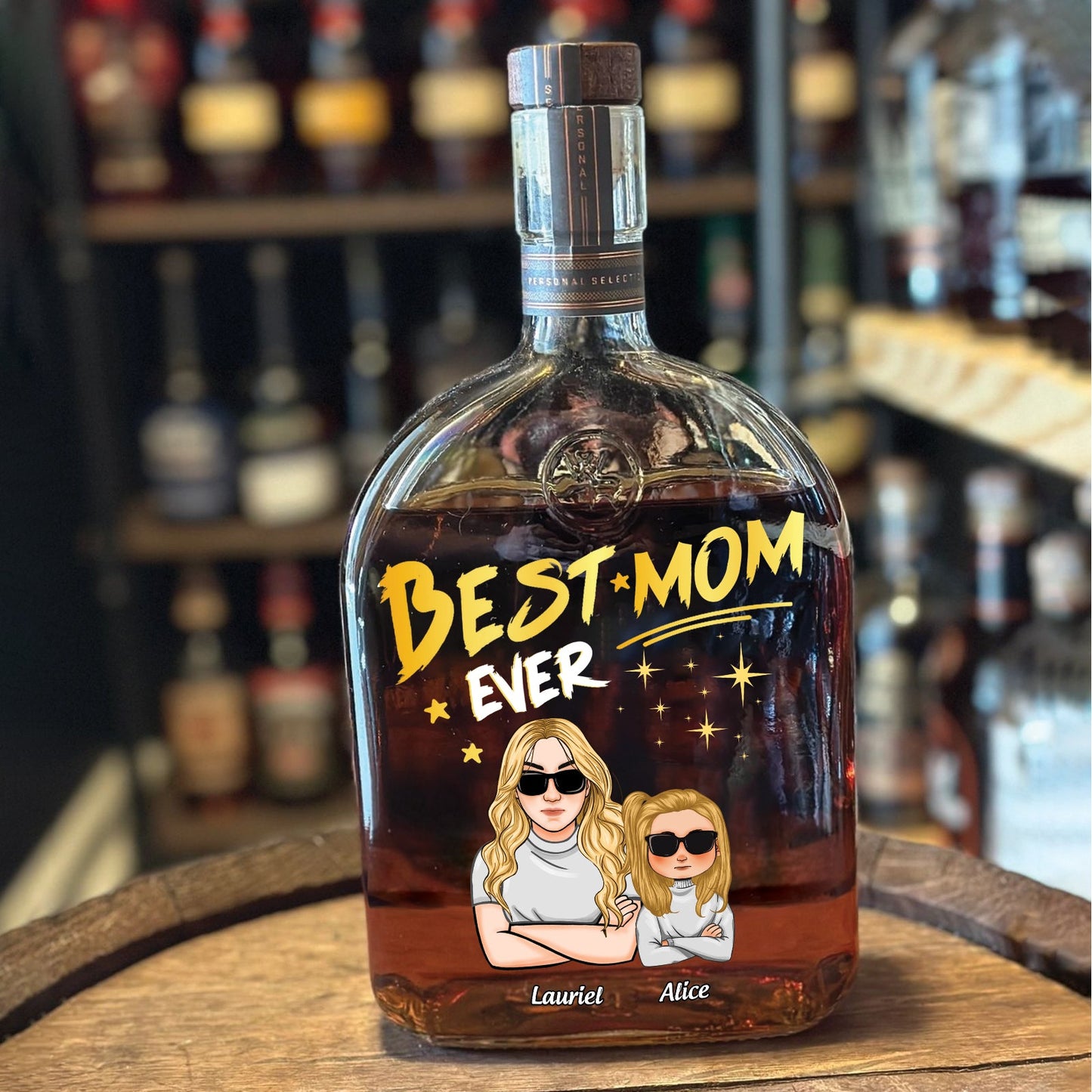 Personalized whiskey bottle gift with custom label featuring cartoon mother and daughter with sunglasses