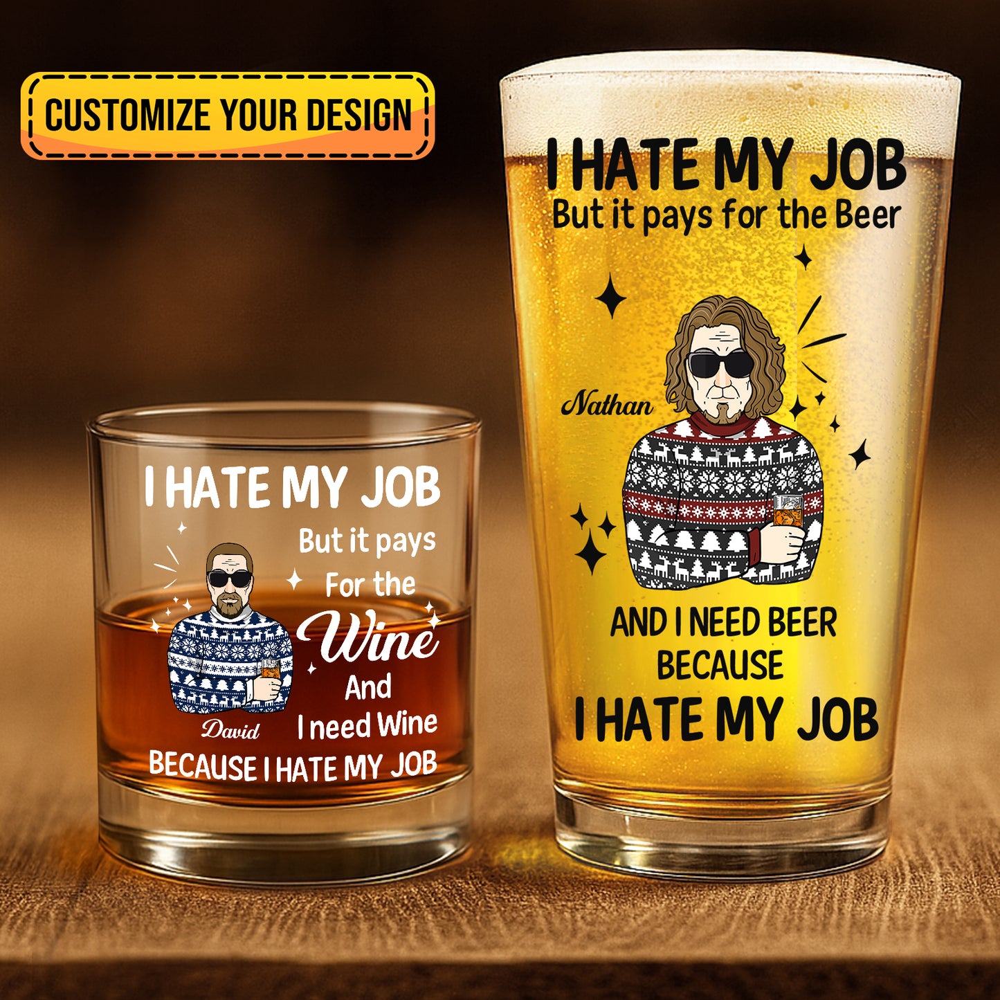 Personalized whiskey glass gift with humorous text and custom design for wine and beer lovers