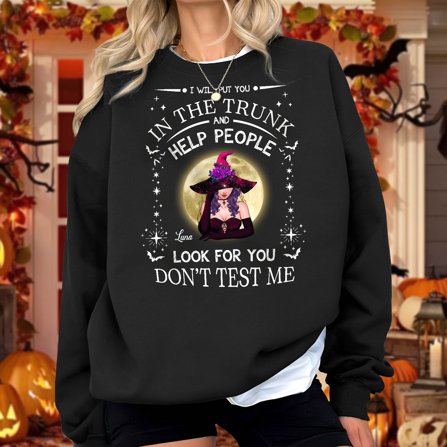 Black personalized witch Halloween sweatshirt with graphic witch and quote design for spooky fall style