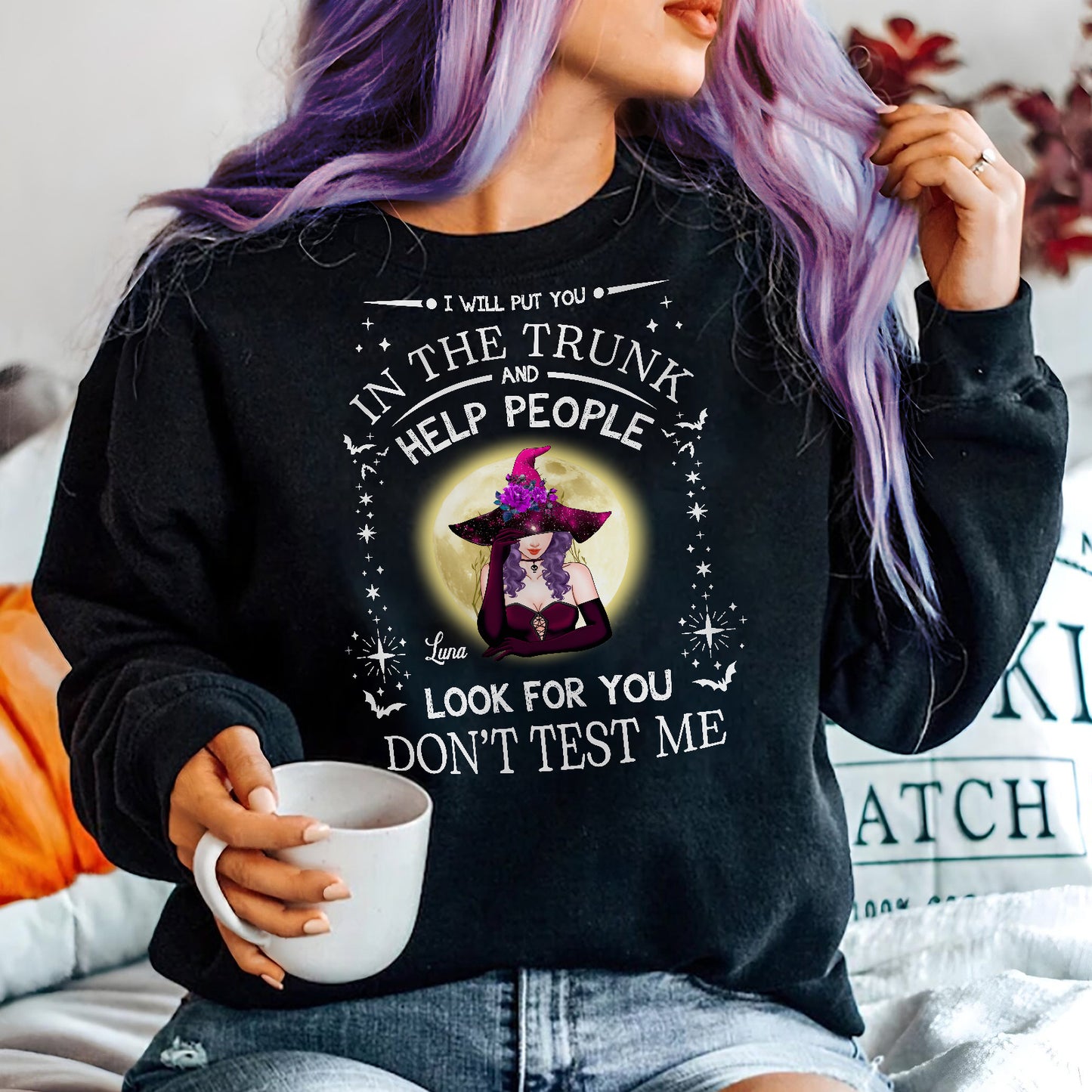 365Gifty personalized witch Halloween sweatshirt in black with purple witch graphic and text design