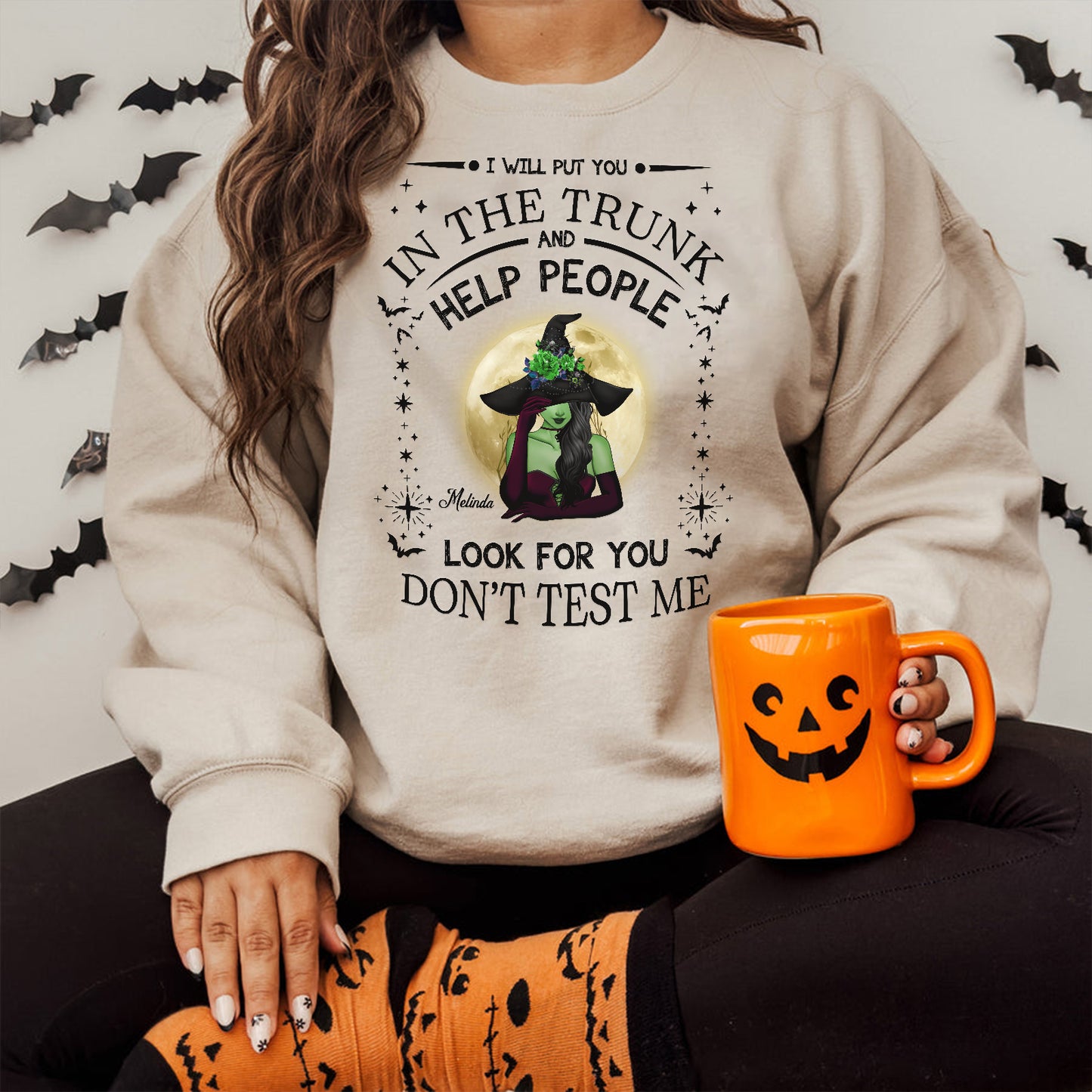 365Gifty personalized witch Halloween sweatshirt with green witch and Halloween themed design