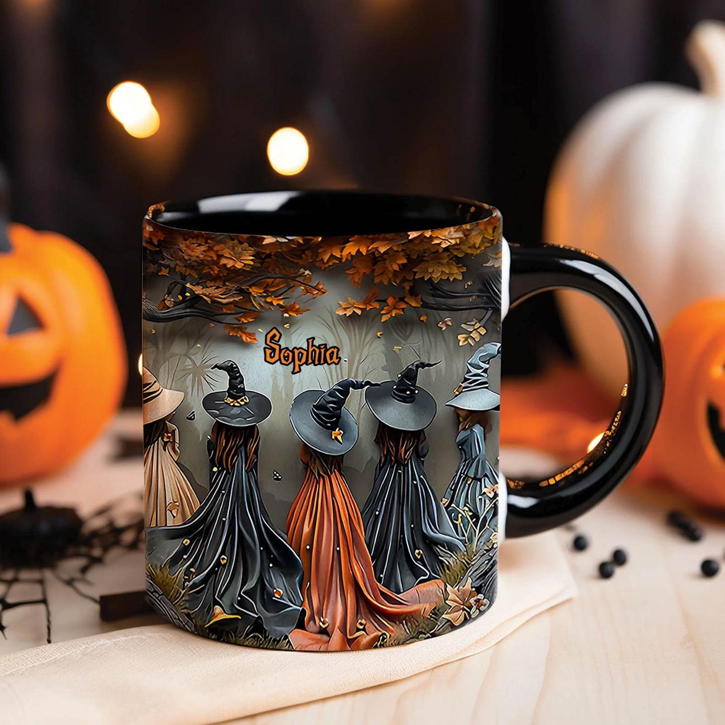 365Gifty personalized witch mug with autumn leaves and witches wearing hats and cloaks design