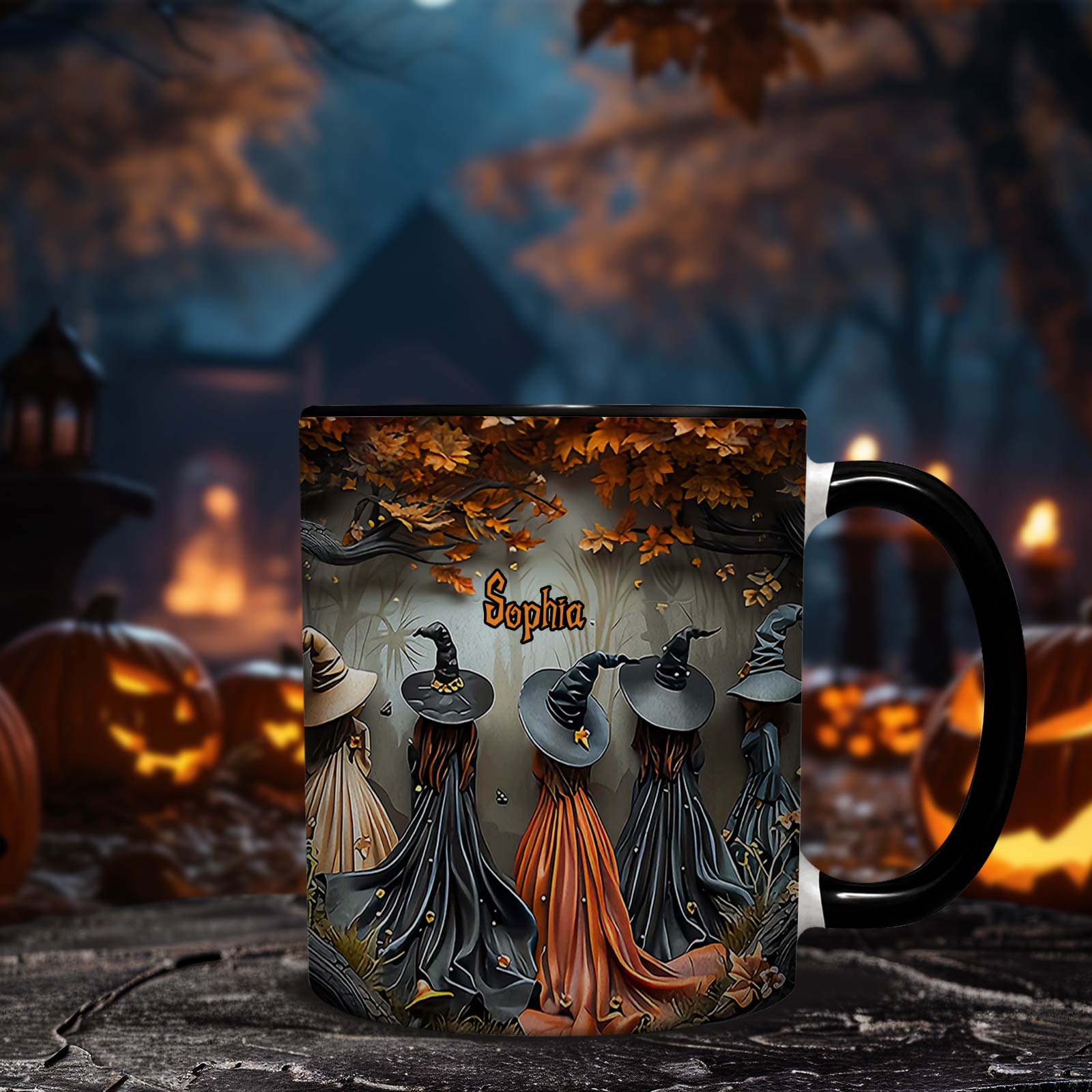 Personalized witch mug with Halloween design featuring witches and the name Sophia