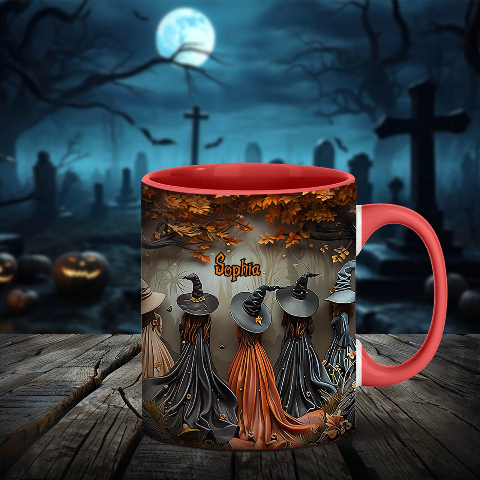 365Gifty personalized witch mug with autumn witch design and custom name Sophia on a red handle mug