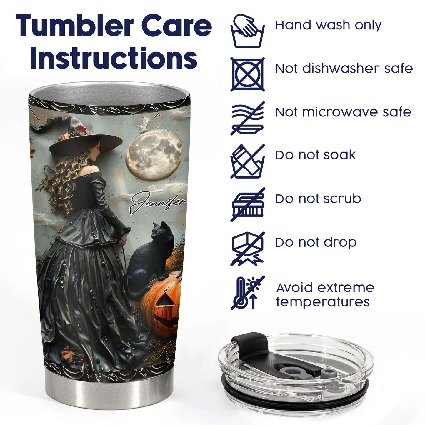 365Gifty personalized witch tumbler with witch design, black cat, and moon with care instructions