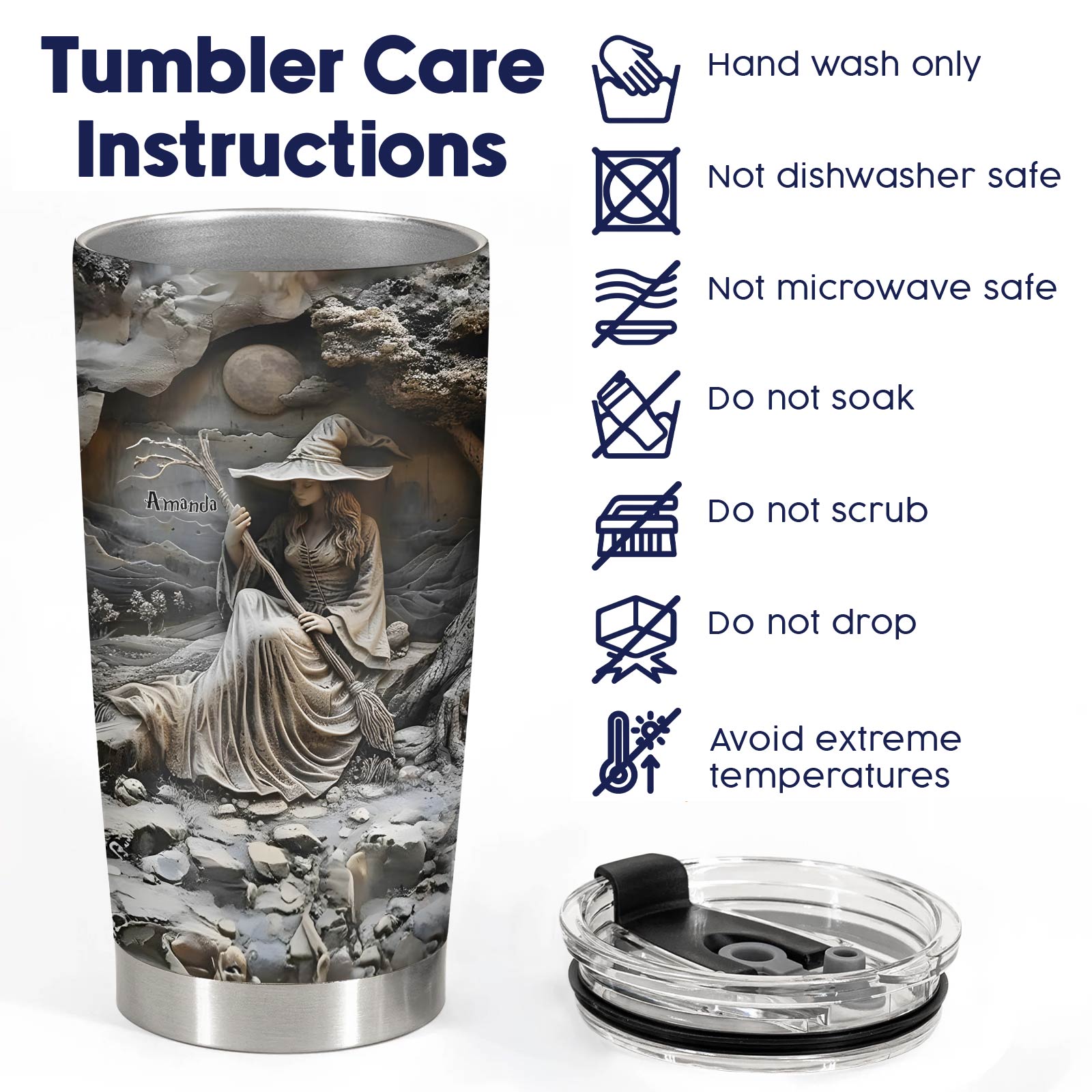 365Gifty personalized witch tumbler with fantasy witch design and care instructions for hand washing