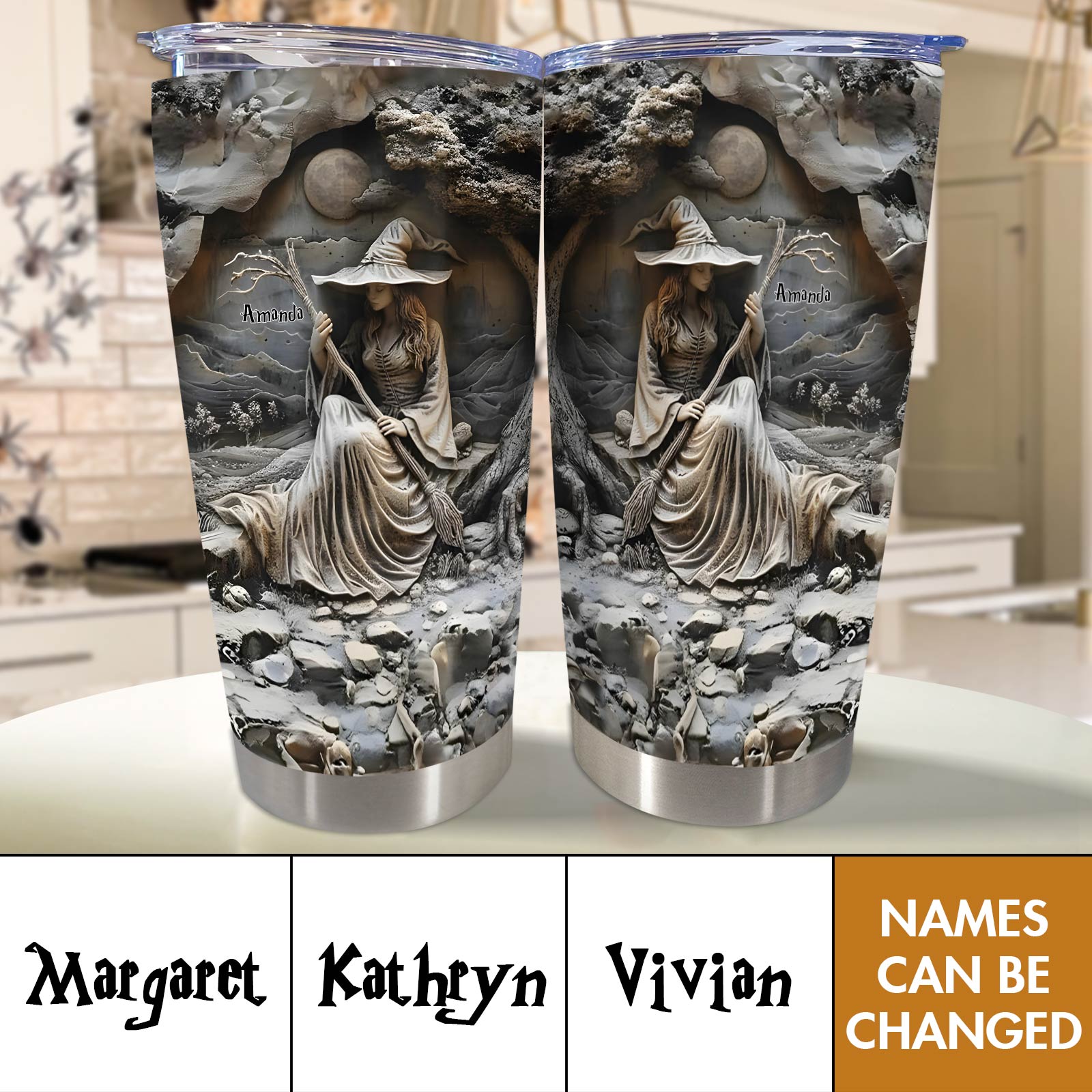 365Gifty personalized witch tumbler with detailed witch design and customizable name options like Margaret and Kathryn