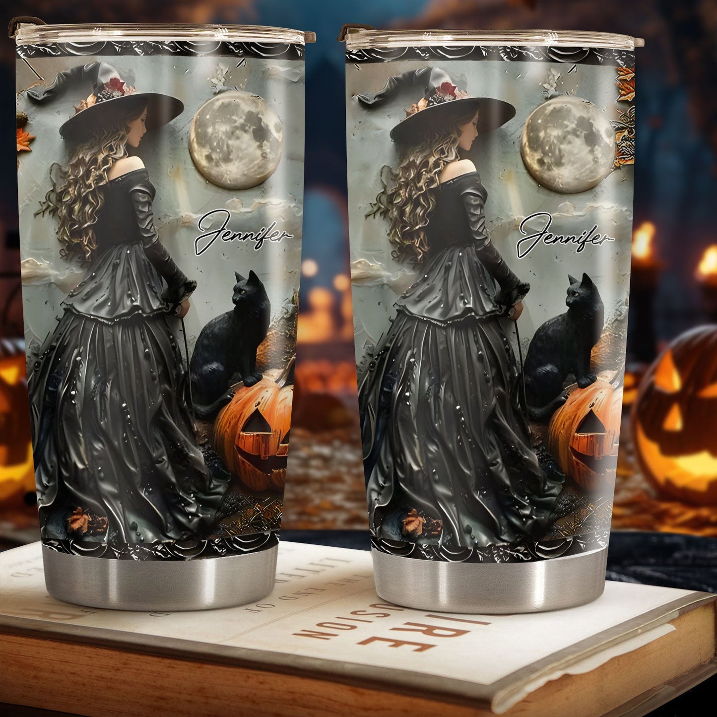 365Gifty personalized witch tumbler with black cat, pumpkin, full moon, and custom name Jennifer