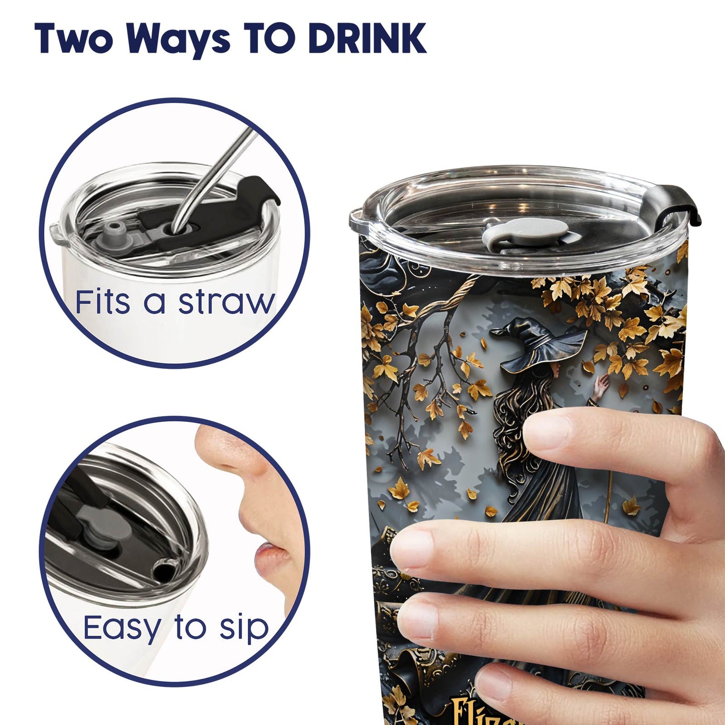 365Gifty personalized witch tumbler with dual drinking options fits a straw and easy to sip lid design
