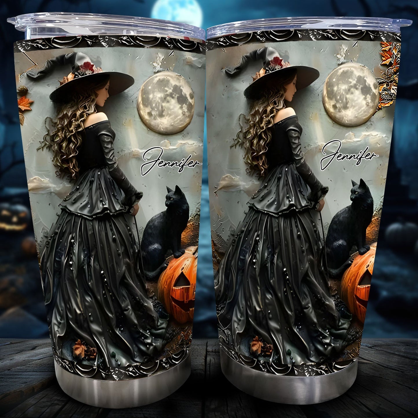 Personalized witch tumbler with a witch, black cat, pumpkin, full moon, and name Jennifer in Halloween theme