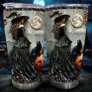 Personalized witch tumbler with a witch, black cat, pumpkin, full moon, and name Jennifer in Halloween theme