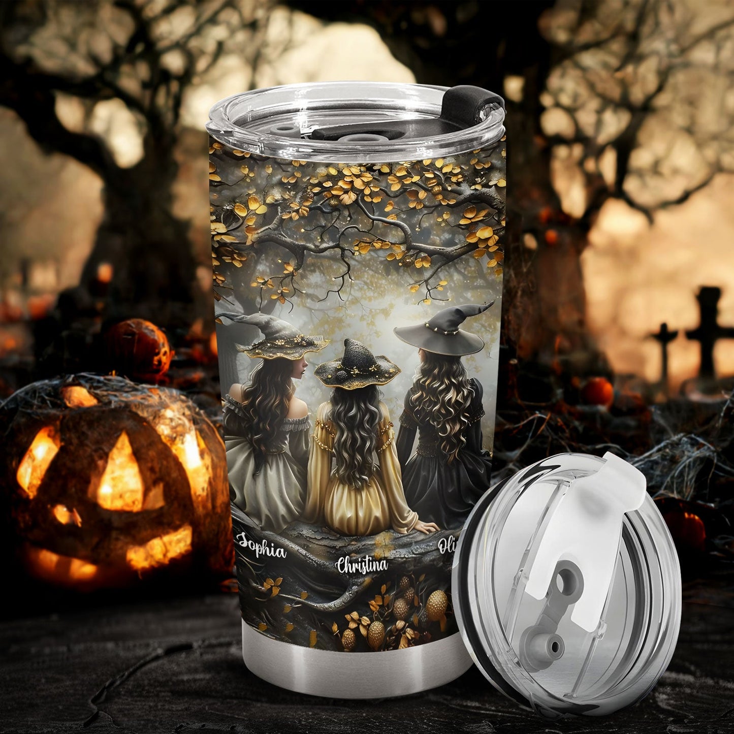 365Gifty personalized witch tumbler featuring three witches in hats with autumn leaves and Halloween background