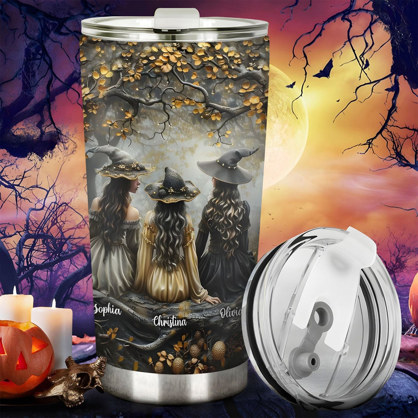 365Gifty personalized witch tumbler featuring three witches under a golden tree with custom names