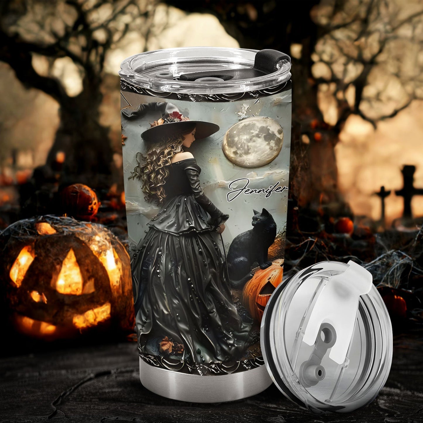 365Gifty personalized witch tumbler with black cat, full moon, and Halloween design