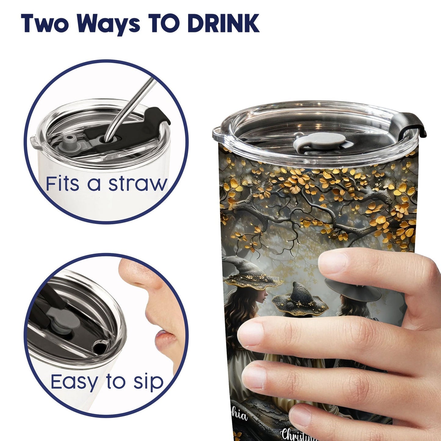 365Gifty personalized witch tumbler showing two ways to drink with straw or easy sip lid