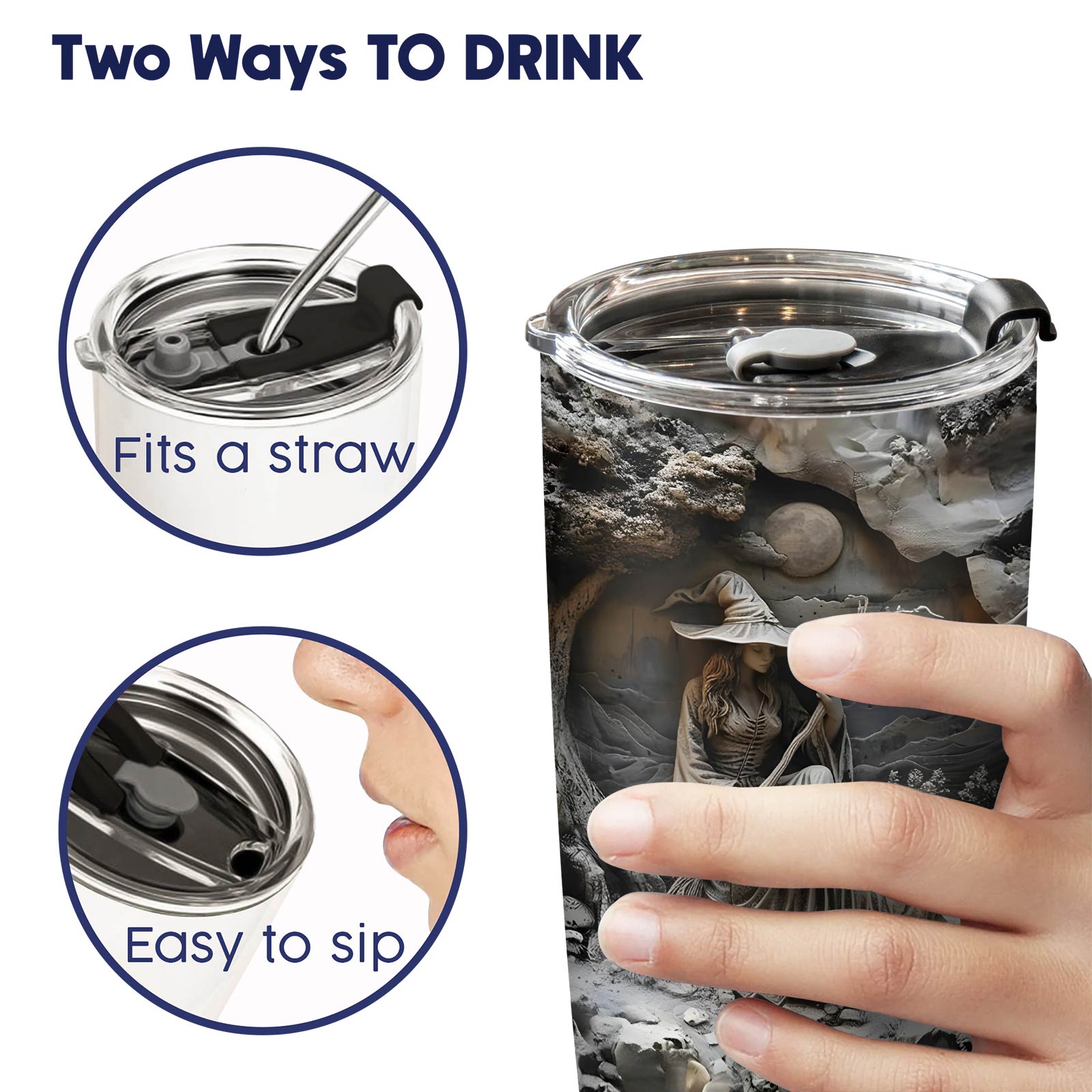 365Gifty personalized witch tumbler showing two ways to drink with straw or easy sip lid in hand