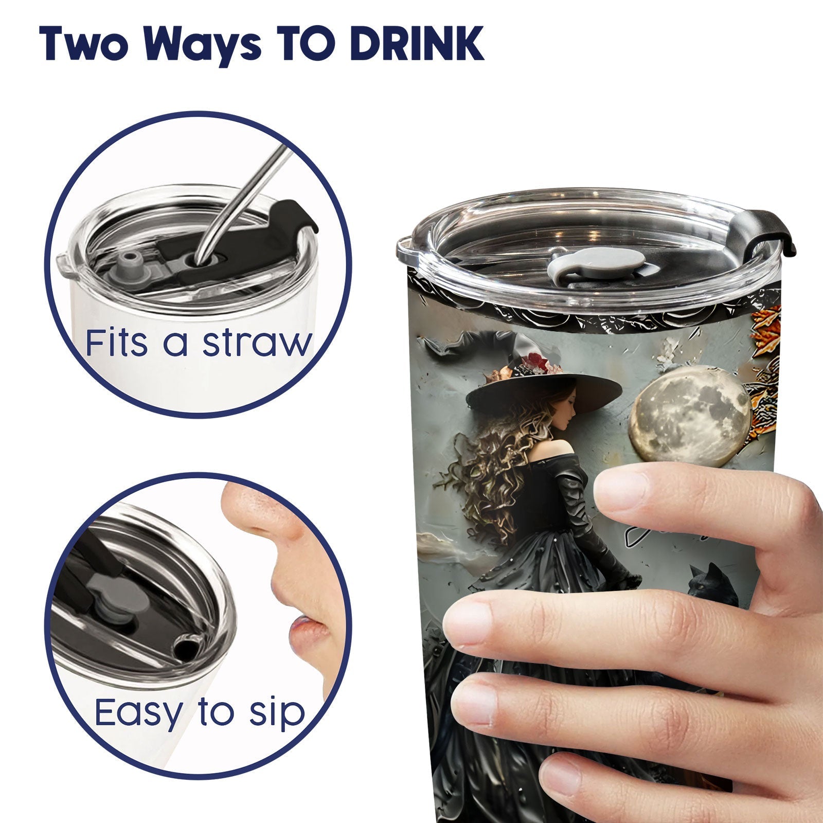 365Gifty personalized witch tumbler showing two ways to drink with straw or sip lid