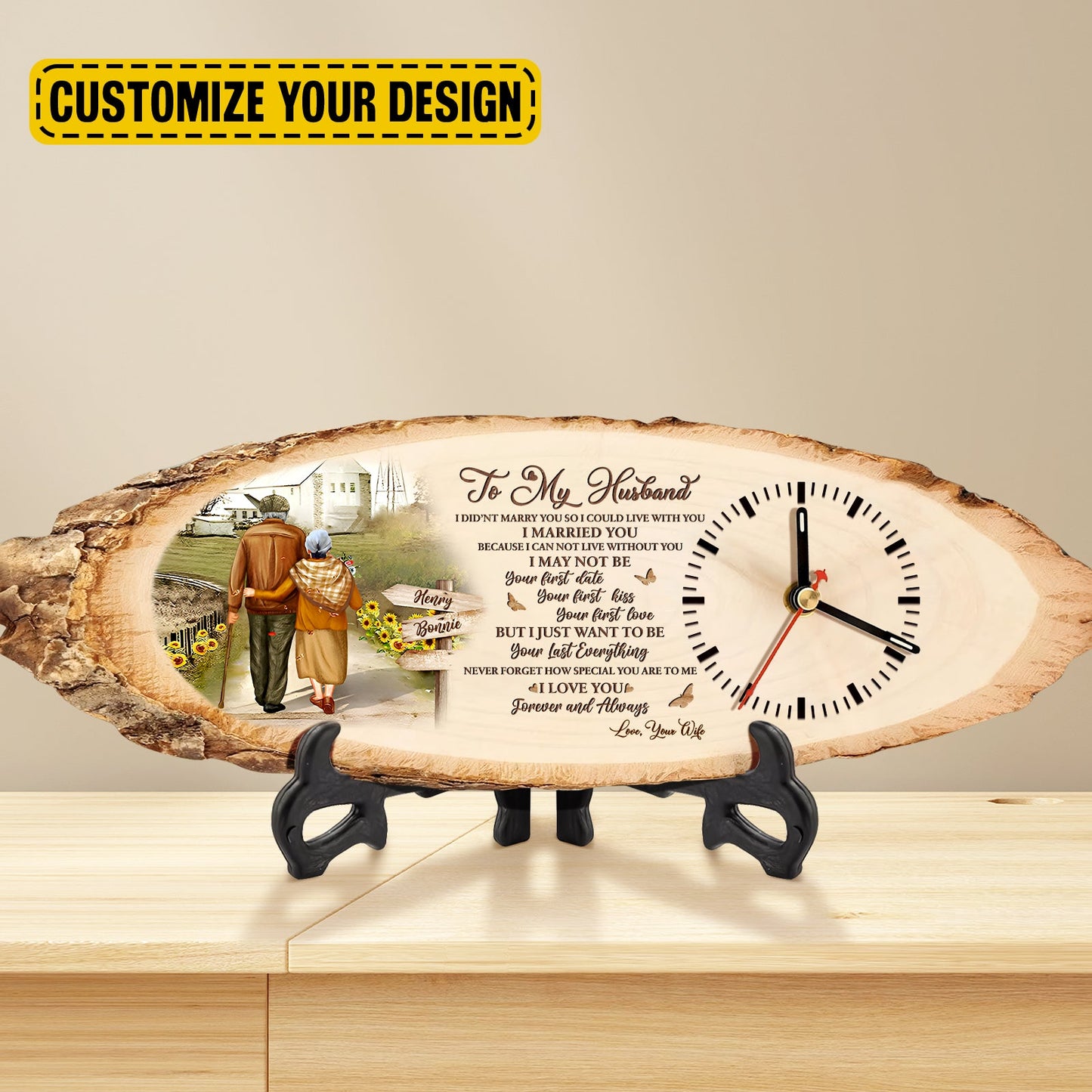 Personalized wooden clock for husband with romantic message and custom family illustration on natural wood slice