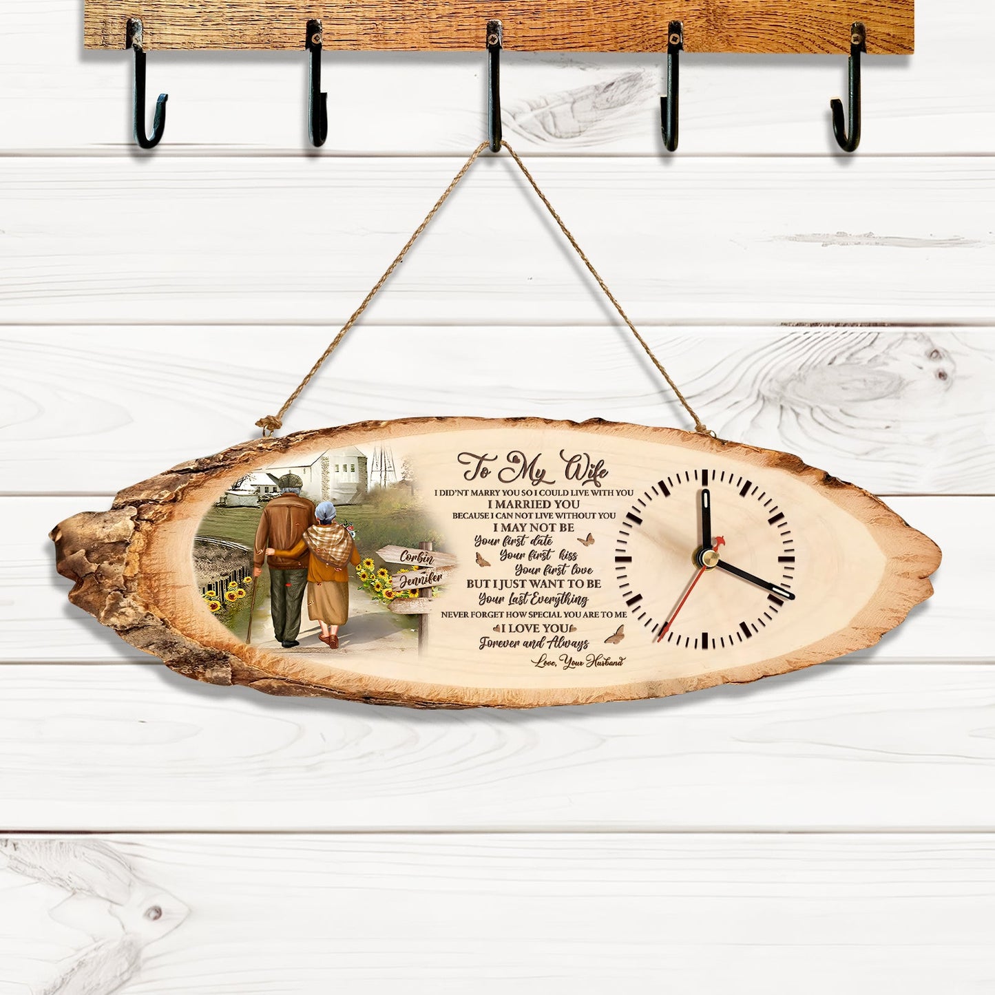 Personalized wooden clock for husband with romantic message and rustic wood slice design hanging on hook
