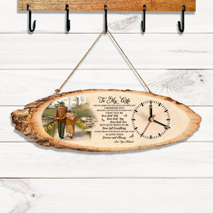 Personalized wooden clock for husband with romantic message and rustic wood slice design hanging on hook