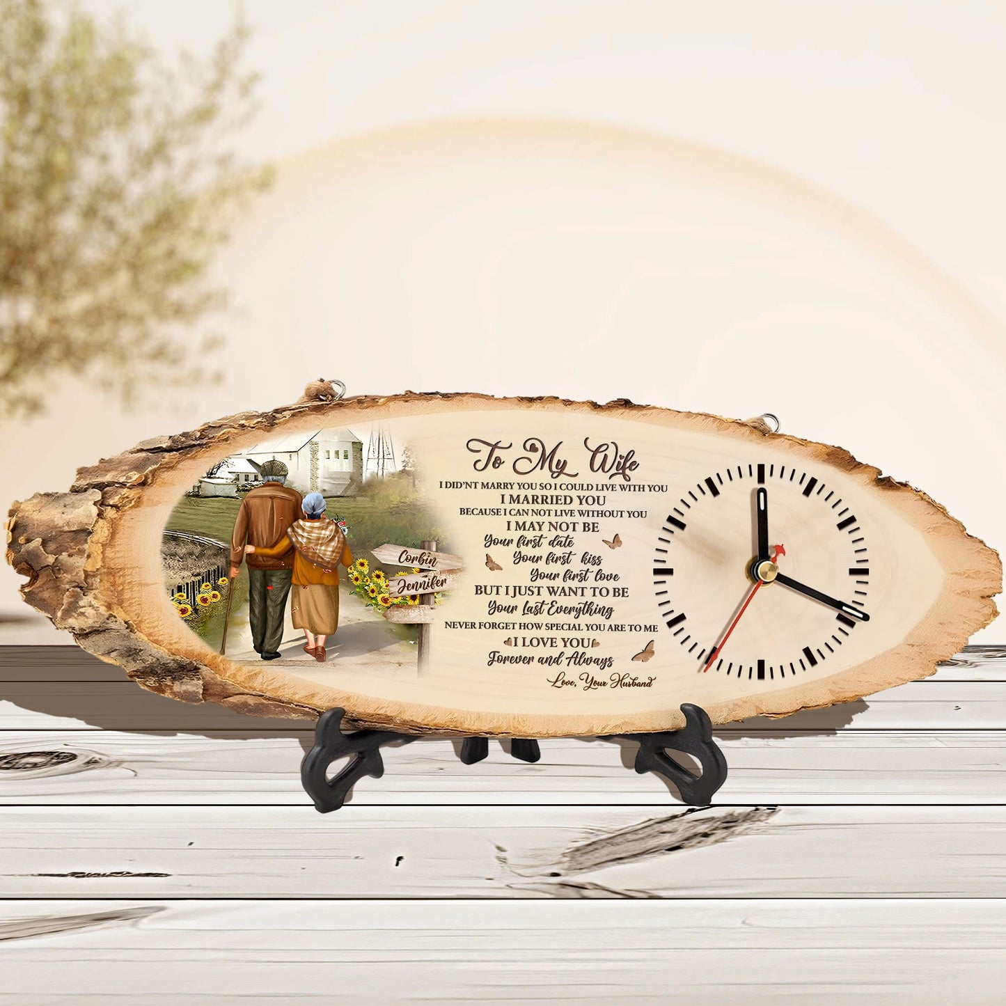 Personalized wooden clock for husband with romantic message and couple illustration on natural wood slice